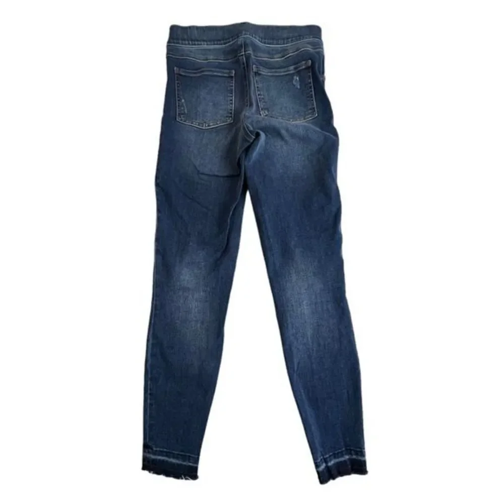 Spanx Womens Dark Wash Mid Rise Elastic Waist Pull on Raw Hem Skinny Jeans Small